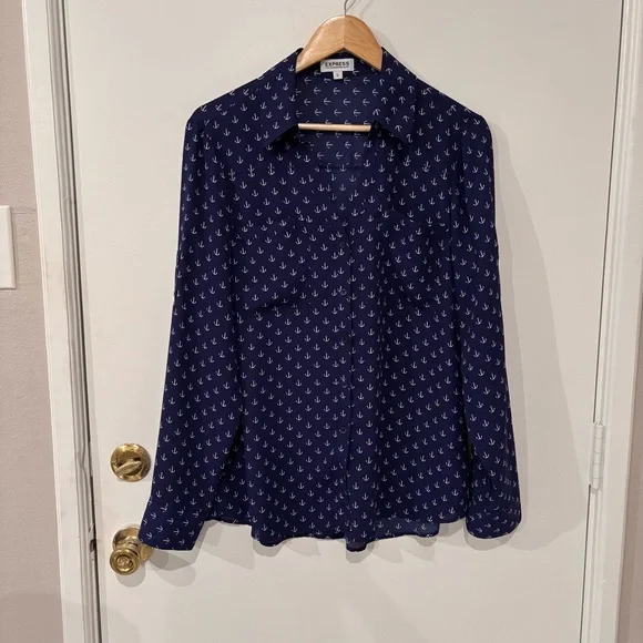 Express Portofino Blue Button Down Shirt Semi Sheer Nautical Anchor Size Large - Picture 2 of 10